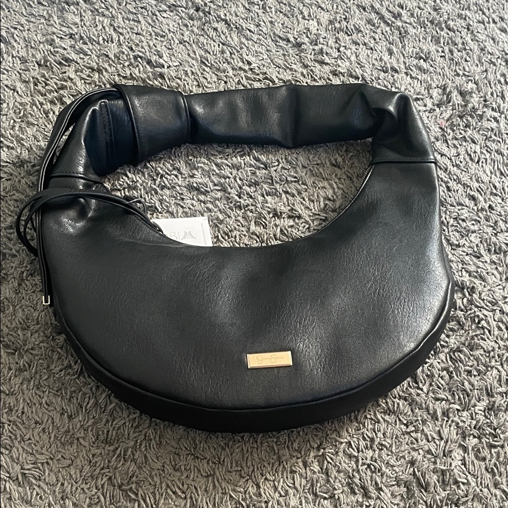 Black Crescent Shoulder Bag with Gold Logo Plate